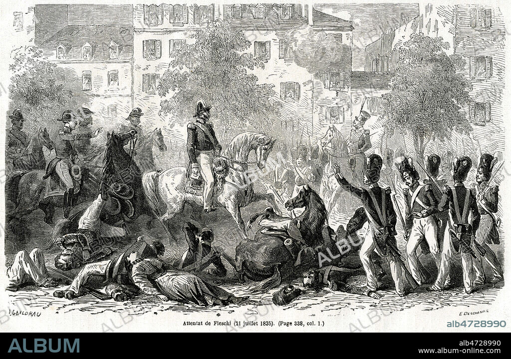 Attentat de FIESCHI (21/07/1835) contre LOUIS-PHILIPPE (1773-1850). Le marechal MORTIER (1768-1835) y trouva la mort. Illustration de 1864 pour Histoire populaire contemporaine de la France. Credit : Coll. Jonas/KHARBINE-TAPABOR.