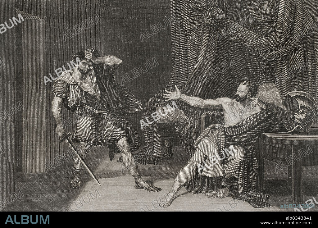 Cayo Mario (h. 157 a.C. - 86 a.C.). General y cónsul romano. Cayo Mario prisionero en Minturna. Representa el intento de ejecución del cónsul Cayo Mario estando prisionero en Minturna. Grabado a partir de una pintura de Jean-Germain Drouais. Historia Universal, por César Cantú. Tomo II, 1854.