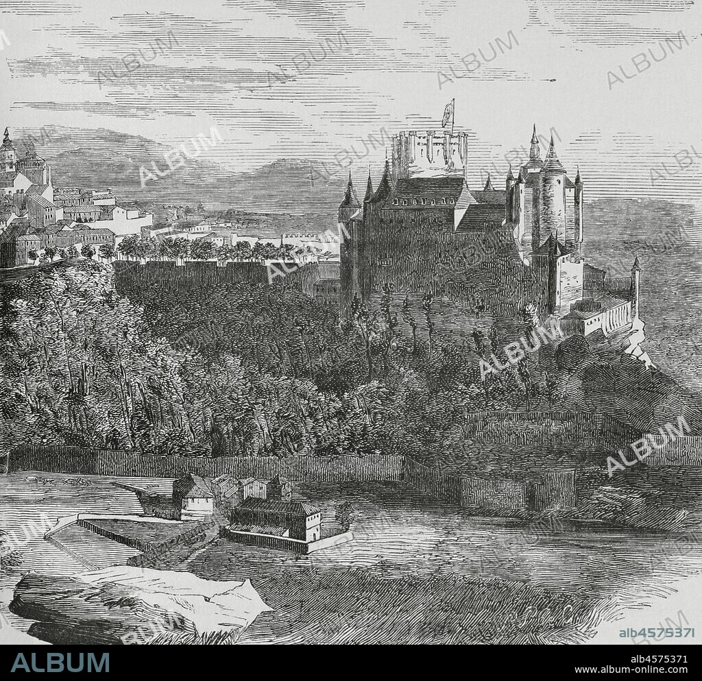 Spain, Segovia. The Alcazar. Panoramic view from the Fuencisla. Engraving. Cr—nica General de Espa–a, Historia Ilustrada y Descriptiva de sus Provincias. Castilla-La Vieja, 1870.