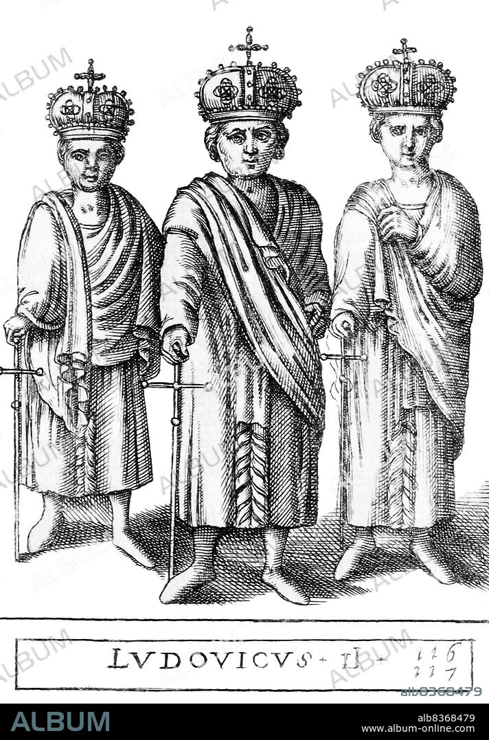 Louis II (825-875), also known as Louis of Italy and Louis the Younger, was the eldest son of Emperor Lothair I, who he co-ruled with until 855, after which he inherited the imperial throne and ruled alone. Louis II was also King of Italy, and governed the kingdom before his ascension to emperor.<br/><br/>. When his father died and his lands were divided amongst his sons, Louis was angry that he obtained no territory outside of Italy. Allying himself with his uncle, Louis the German, he fought against his own brother Lothair, King of Lotharingia, as well as his other uncle, King Charles the Bald, in 857. He reconciled with his brother in 858, and received the Kingdom of Provence in 863 after the death of his brother Charles. Louis had to deal with turbulence and chaos in Italy, as well as with Saracens ravaging its southern provinces, procuring the aid of Byzantine emperor Basil.<br/><br/>. Louis was betrayed and imprisoned by one of his own nobles, Adelchis, Prince of Benevento, in 871, but was freed a month later due to fresh Saracen incursions. He unsuccessfully tried to punish Adelchis for his imprisonment, but had better luck against the Saracens. He eventually died in 875, naming his cousin Carloman as his successor.