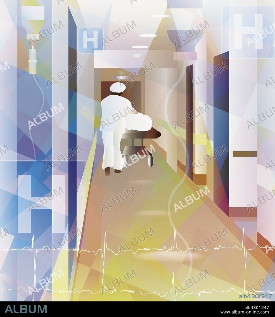 Nurse pushing hospital trolley bed up corridor.