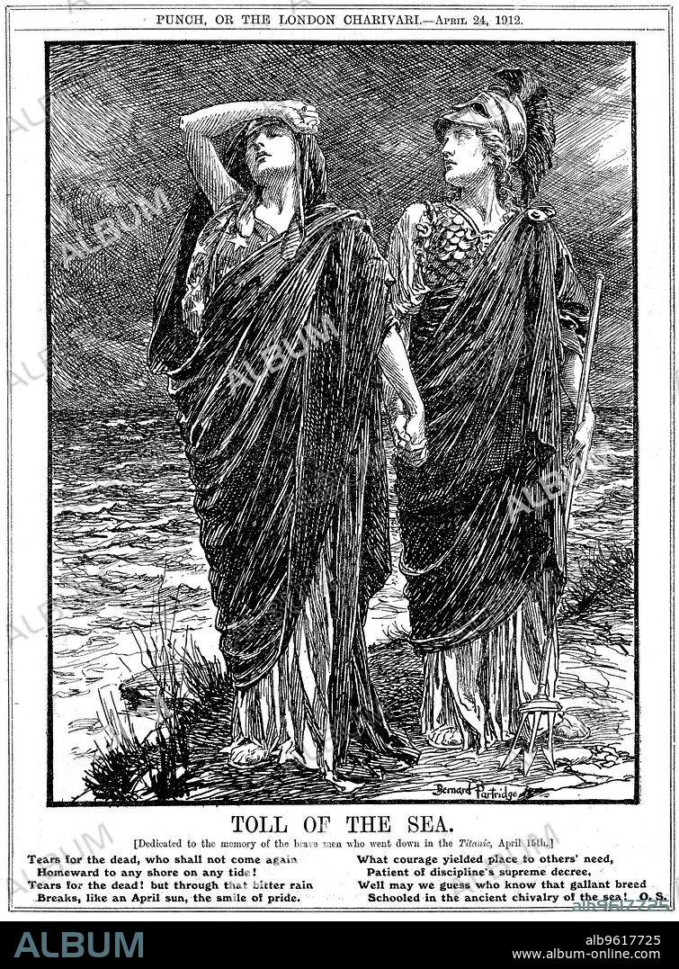 'Toll of the Sea', the sinking of the 'Titanic', 1912. Cartoon showing Britannia and America supporting each other in grief. The SS Titanic, operated by the White Star Line, struck an iceberg in thick fog south of Newfoundland en route from Southampton to New York just before midnight on 14th April 1912. She was the largest and most luxurious passenger liner afloat at the time, and was believed by her designers to be unsinkable. Unfortunately the collision caused five of the vessel's watertight compartments to be ruptured and the Titanic sank with only 705 survivors out of the 2228 passengers and crew on board. A major contributory factor to the size of the death toll was the insufficient number of lifeboats carried on the ship. From Punch, or the London Charivari, London, 24 April 1912.