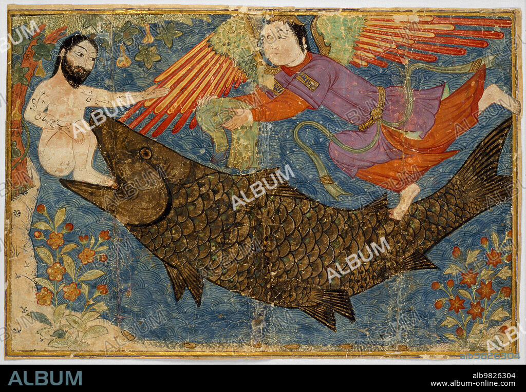 Iran / Persia: Jonah rescued from the belly of the whale, helped by an angel. Folio from a copy of the Jami al-Tawarikh (Compendium of Chronicles) by Rashid al-Din Hamadani (1247-1318), c. 1400. Jonah is the name given in the Hebrew Bible (Tanakh/Old Testament) to a prophet of the northern kingdom of Israel in about the 8th century BCE, the eponymous central character in the Book of Jonah, famous for being swallowed by a fish or a whale, depending on translation. The Biblical story of Jonah is repeated in the Qur'an, where Jonah is identified as Yunus or Yunan.