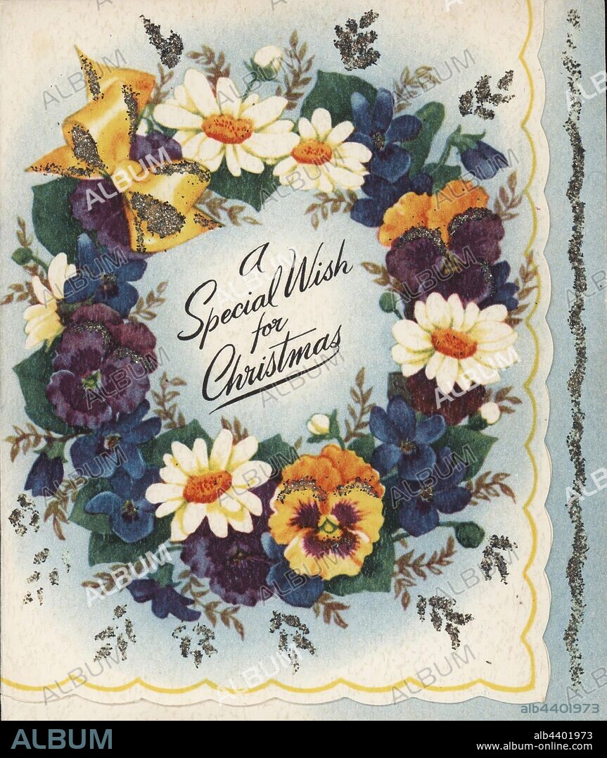 Christmas Card - Jack, Rae, & Joan, To Bill & Family, A Special Wish for Christmas, circa 1953, Christmas Card made by Fifth Avenue, circa 1953. It features a Christmas wreath. It one of a series of cards collected by Mrs. Peg Harris who lived at Tollerton, Templeton Street, Avoca. The card is from Jack, Rae, & Joan to Bill & Family. Margaret 'Peg' Preston Harris (nee Brereton) grew up at 'Tollerton' with her mother Sara Brereton (nee Preston) and father William Brereton, along with her.