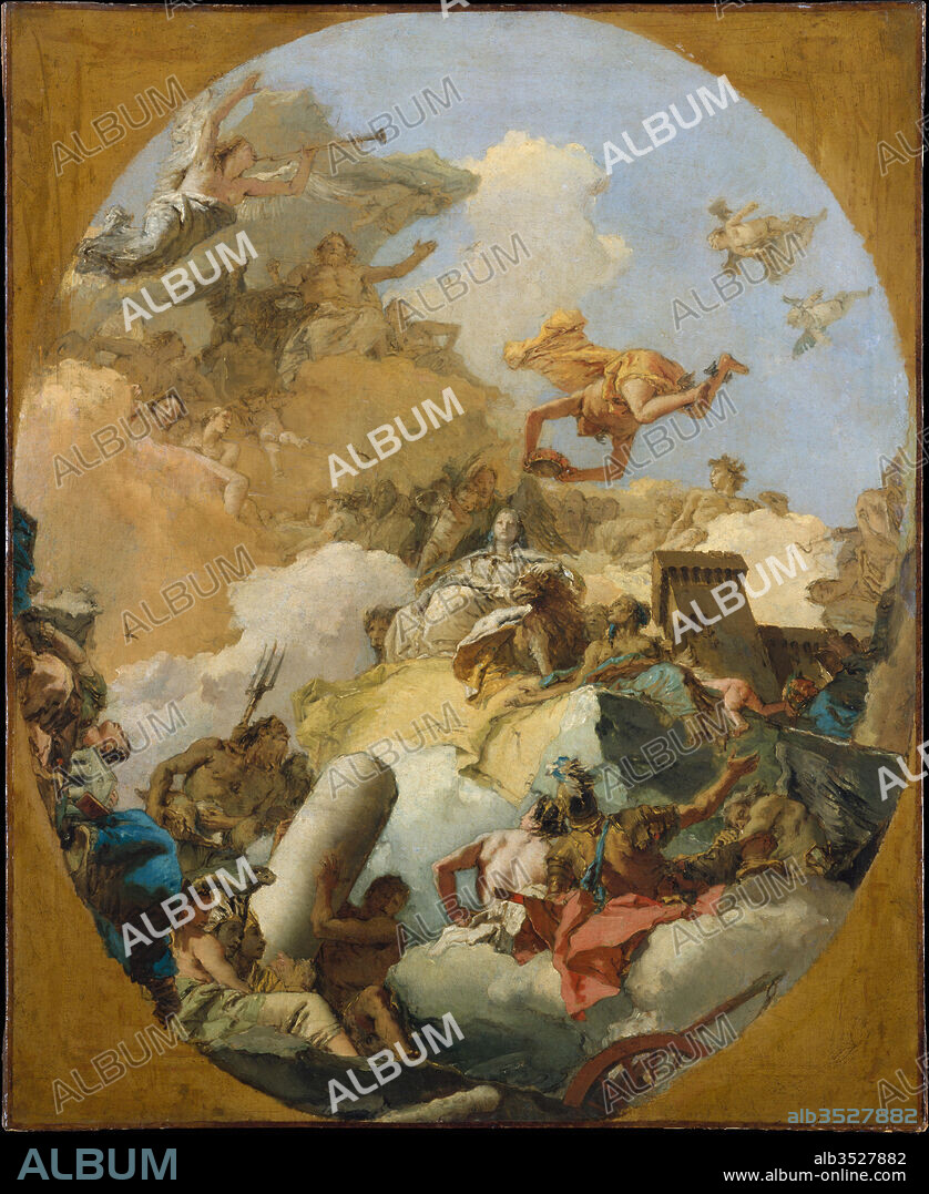 The Apotheosis of the Spanish Monarchy, Oil on canvas, Oval painted surface, 32 1/8 x 26 1/8 in. (81.6 x 66.4 cm), Paintings, Giovanni Battista Tiepolo (Italian, Venice 1696–1770 Madrid), From 1762 until his death Tiepolo worked in Spain for Charles III and decorated several rooms in the Palacio Real, Madrid. This is one of two oil sketches for the saleta adjacent to the throne room. Each shows a female figure of Spain with lions for the province of Leon, an old woman beside a castle for Castile, and Hercules, the traditional protector of Spain, with a column representing Gibraltar.