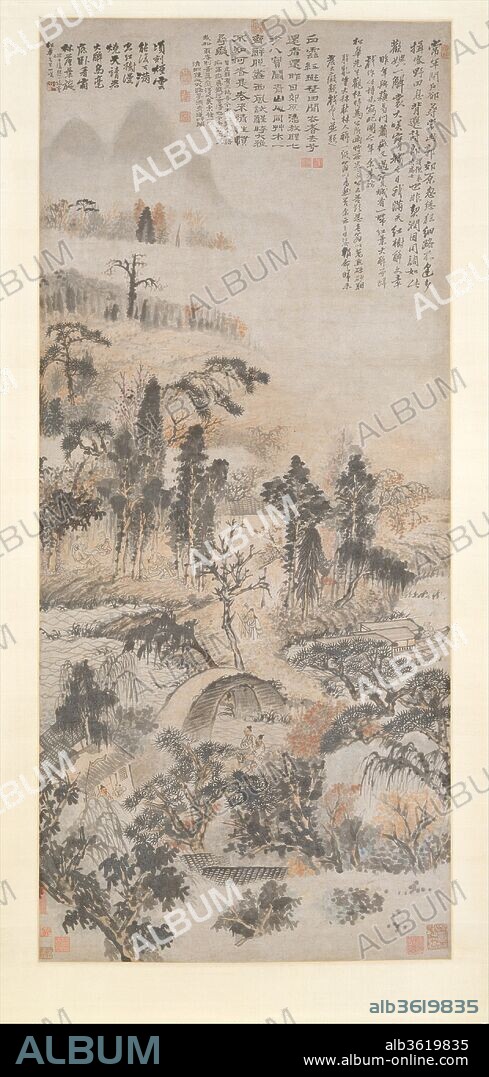 Drunk in Autumn Woods. Artist: Shitao (Zhu Ruoji) (Chinese, 1642-1707). Culture: China. Dimensions: Image: 63 3/8 x 27 3/4 in. (161 x 70.5 cm)
Overall with mounting: 107 1/2 x 33 3/8 in. (273.1 x 84.8 cm)
Overall with knobs: 107 1/2 x 36 7/8 in. (273.1 x 93.7 cm). Date: ca. 1702.
Exploring the theme of intoxication, Shitao makes us reel with the unsteadiness of his figures and landscape. He probably created this picture to commemorate an autumn outing in the hills with friends. The three inscriptions testify to the pleasure and pride that Shitao took in his achievement; they make it clear that the exhilaration experienced by the friends was inspired by nature, poetry, conviviality,
and creativity as well as wine.
In an instant, mists and clouds can return to their
primeval form;
Red trees fill the skies, spreading fire through
the heavens.
I invite you, sir, to get very drunk on my black
brushstrokes;
Lie down and watch the frosted forest as falling
leaves swirl.