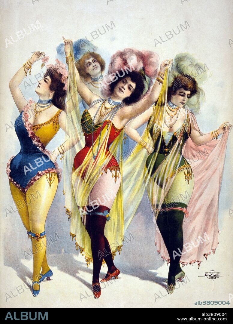 Entitled: "Women wearing brief costumes, holding veils, with feathers in her hair" lithograph poster created by Courier Litho. Company, 1899. American burlesque is a variety show derived from elements of Victorian burlesque, music hall "leg shows" and minstrel shows. American burlesque adopted the minstrel show's three part structure: part one was composed of songs and dances rendered by a female company, interspersed with low comedy from male comedians. Part two featured various short specialties and vaudeville acts in which the women did not appear. The show's finish was a grand finale. By the 1880s, the four distinguishing characteristics of American burlesque had evolved: 1) minimal costuming, often focusing on the female form, 2) sexually suggestive dialogue, dance, plot lines and staging, 3) quick-witted humor laced with puns, but lacking complexity, and 4) short routines or sketches with minimal plot cohesion across a show. Much of the humor and entertainment of later American burlesque focused on lowbrow and ribald (lewd) subjects. The uninhibited atmosphere of burlesque establishments owed much to the free flow of alcohol.