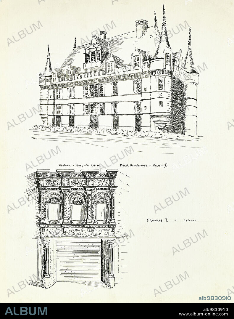 Drawing of Chateau d'Azay-la-Rideau; Azay-le-Rideau, Indre-et-Loire, France.