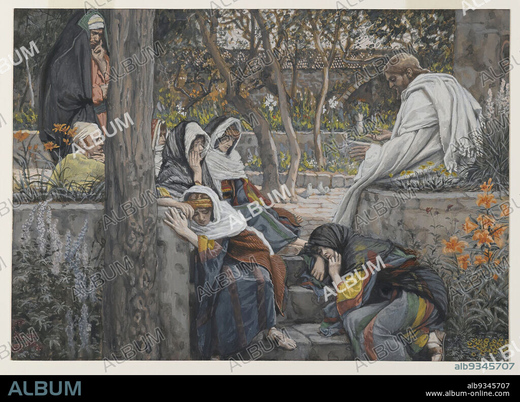 Jesus, Mary Magdalene, and Martha at Bethany, Jésus à Bethanie, Marie, Madeleine et Marthe, The Life of Our Lord Jesus Christ, La Vie de Notre-Seigneur Jésus-Christ, James Tissot, French, 1836-1902, Opaque watercolor over graphite on gray wove paper, France, 1886-1894, Image: 7 15/16 x 11 3/16 in., 20.2 x 28.4 cm, Christ, Christianity, figures, Jesus, Jesus Christ, Mary, Mary Magdalene, New Testament, relgion, religious art, trees.