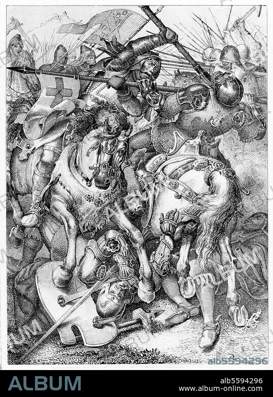 Schlacht bei Tannenberg, 15. Juli 1410 (Niederlage des Deutschen Ordens gegen Polen und Litauer unter König Jagiello). "Jagello stürzt auf die Hauptfahne der deutschen Ordensritter los und reißt diese unter einem wütenden Kampfe zu Boden". Federlithogr. / Tonplatte, 1863, von Joh. Nepomuk Geiger (1805-1880). 22 × 15,5 cm. Berlin, Sammlung Archiv für Kunst und Geschichte.