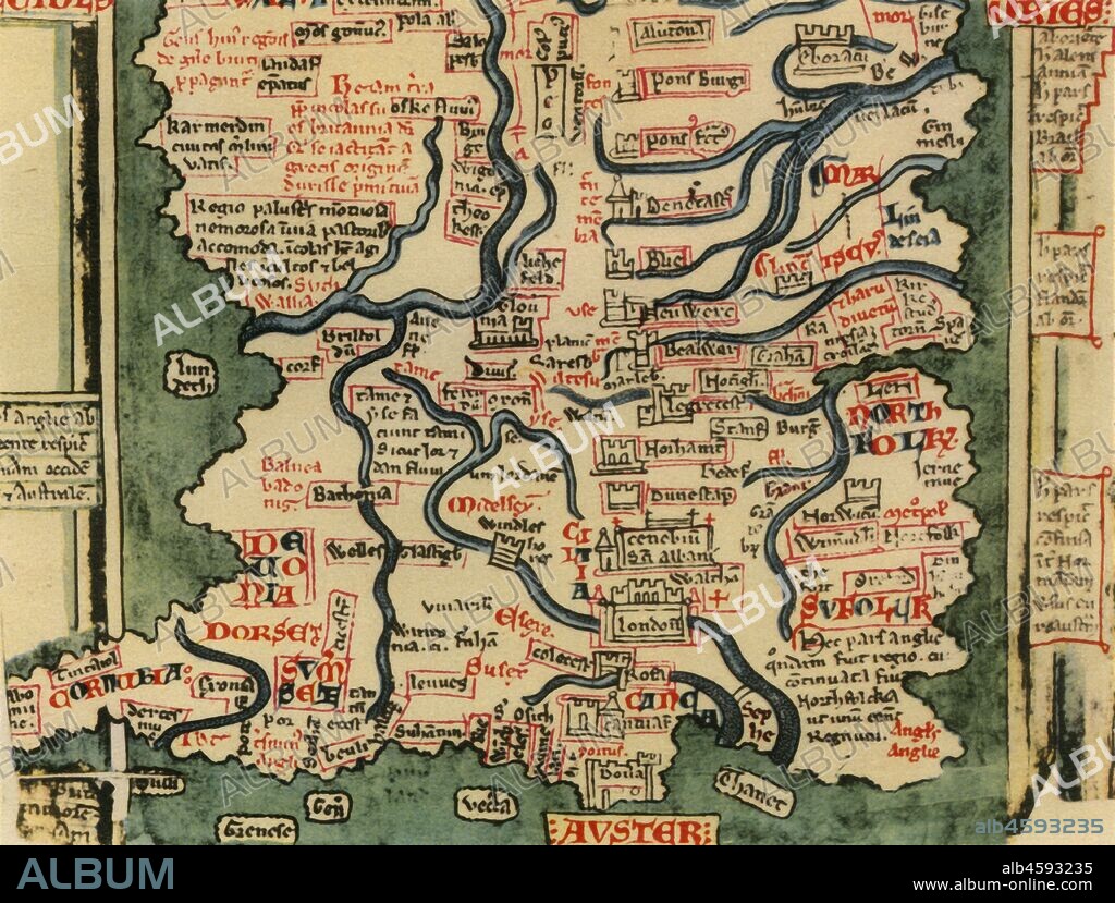 'Matthew Paris's Map of Great Britain, c.1250', (1944). Detail showing rivers and towns in the south of England and part of Wales. Many place-names are still recognisable today. The word 'Auster', written over the English Channel at the bottom, refers to wind bringing heavy cloud cover and fog. Map drawn by the historian Matthew Paris, a monk at St Alban?s Abbey. Cotton MS Claudius D.vi, f.12v, manuscript in the British Library, London. From "British Maps and Map-Makers", by Edward Lynam. [Collins, London, 1944].