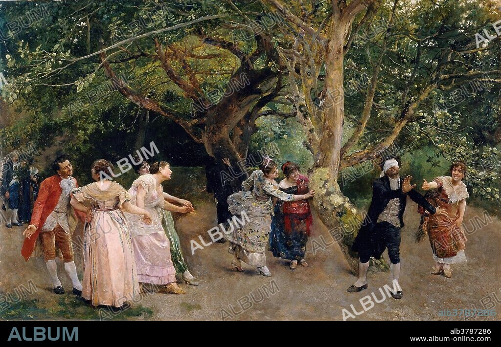 JOSÉ JIMÉNEZ ARANDA. José Jiménez Aranda / 'La gallinita ciega'. Hacia 1889. Óleo sobre lienzo, 42 x 66 cm.