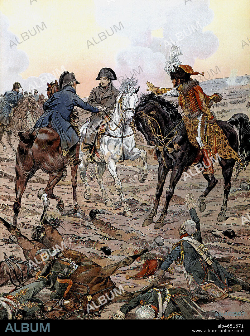 Bataille d'Ulm. Les marechaux BERTHIER (1753-1815) et MURAT (1767-1815) supplient NAPOLEON 1ER (1769-1821) de se mettre a l'eccart du danger. Illustration de1921 par JOB (1858-1931) pour Napoleon de Georges MONTORGUEIL (1857-1933). Credit : Collection IM/KHARBINE-TAPABOR.