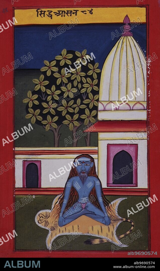A saiva in siddha asana, 19th century. A saiva yogi seated on a tiger's skin and a Siva temple behind him. From 'Asanas and Mudras' (Hata yoga).