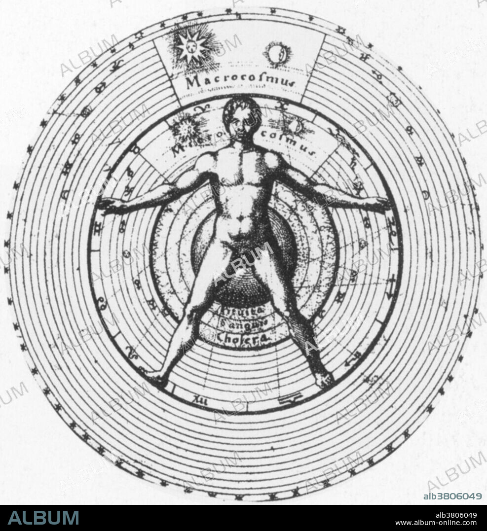 Fludd's book on metaphysics. Title page of the 1617 work Utriusque Cosmi, Maioris scilicet et Minoris, metaphysica, physica, atque technica Historia (The metaphysical, physical, and technical history of the two worlds, namely the greater and the lesser) by the English physician, astrologer, and mystic Robert Fludd (1574-1637). The Latin text gives the book's title, the name of the author, and a description of the contents. The artwork at bottom shows Fludd's theory of the microcosm and the macrocosm, with a human figure straddling the microcosm (the inner world), surrounded by the macrocosm (the outer world).