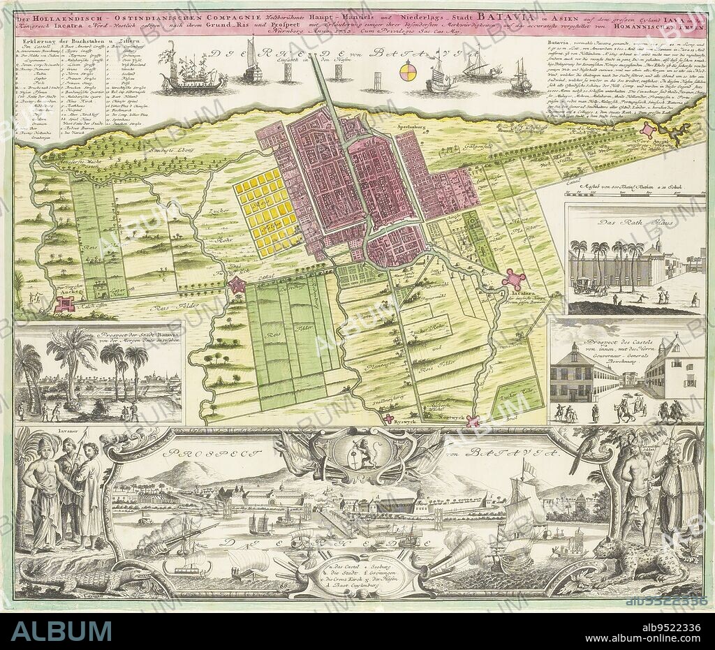 Map of and view of Batavia, anonymous, 1733, Above a map of Batavia. Below a view of Batavia, with a Dutch lion at the top bearing the coat of arms of Batavia and figures on the left and right depicting the original inhabitants of Java. Along the right edge a view of the Castle and Town Hall of Batavia., print maker: anonymous, publisher: erven Johann Baptista Homann, (mentioned on object), unknown, (mentioned on object), Neurenberg, 1733, paper, etching, engraving, h 472 mm - w 557 mm.