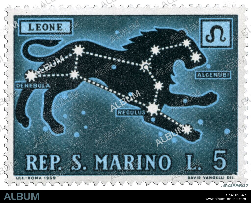 Constellation of the Leo, representation with the astrological symbol and the main stars Regulus, Algenubi, Denebola. Postage stamp of a series issued by the San Marino Post Office representing the signs of the Zodiac. Drawing by David Vangelli (7 May 1959), type of printing: photoengraving, nominal value L. 5. Republic of San Marino, issue 18 February 1970.