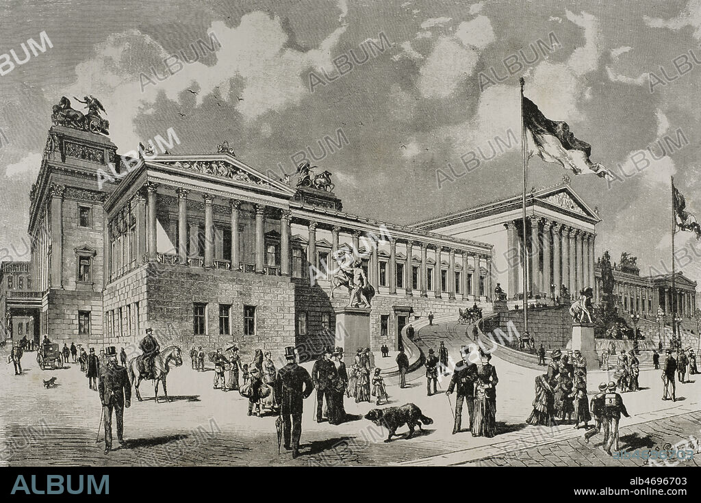 Historia de Austria. Viena. Palacio del Parlamento. Edificio inaugurado el 4 de noviembre de 1883. Fue construido entre 1874 y 1883, en estilo neogriego, por el arquitecto Theophil von Hansen (1813-1891). Grabado a partir de un dibujo de Petrovich. La ilustración. Revista hispano-americana, 1884.