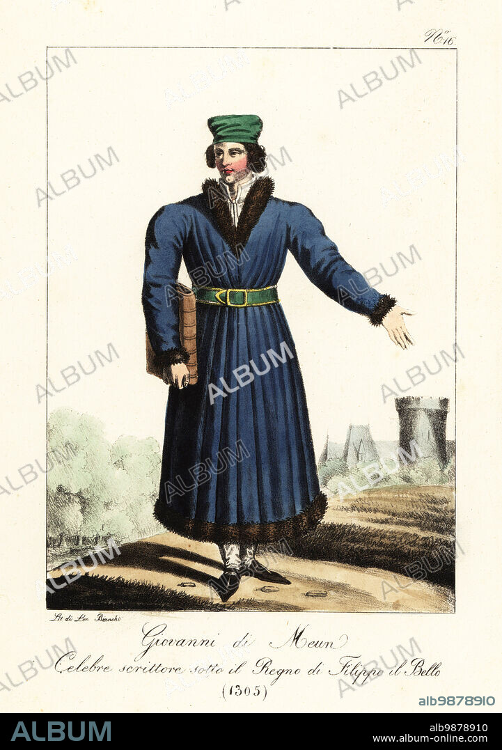 Jean de Meung, French author best known for his continuation of the Roman de la Rose, c.1240-1305. In cap, fur-trim robe, green belt, pointed shoes, holding a book. Jean de Meun, Ecrivain celebre sous le regne de Philippe le Bel. Handcoloured lithograph by Lorenzo Bianchi after Hippolyte Lecomte from Costumi civili e militari della monarchia francese dal 1200 al 1820, Naples, 1825. Italian edition of Lecomtes Civilian and military costumes of the French monarchy from 1200 to 1820.