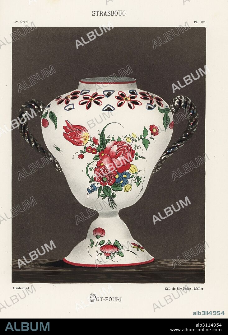 Pot-pourri vase from Strasbourg, 18th century, decorated with botanical painting. Hand-finished chromolithograph from Ris Paquot's General History of Ancient French and Foreign Glazed Pottery, Chez l'Auteur, Paris, 1874.