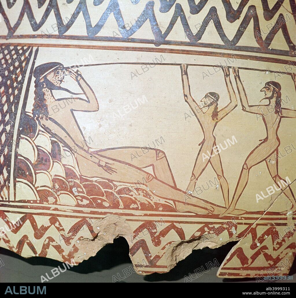 Odysseus and his companions put out the eye of Polyphemus, from a Greek vase found in Argos, now at Argos Museum, 7th century BC.