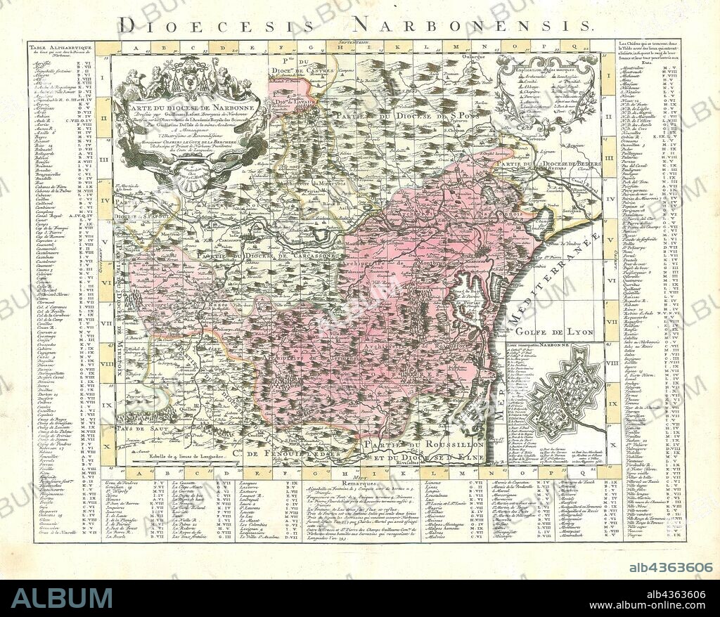 Map, Carte du diocese de Narbonne, Guillaume Lafont (1745 fl.), Copperplate print.