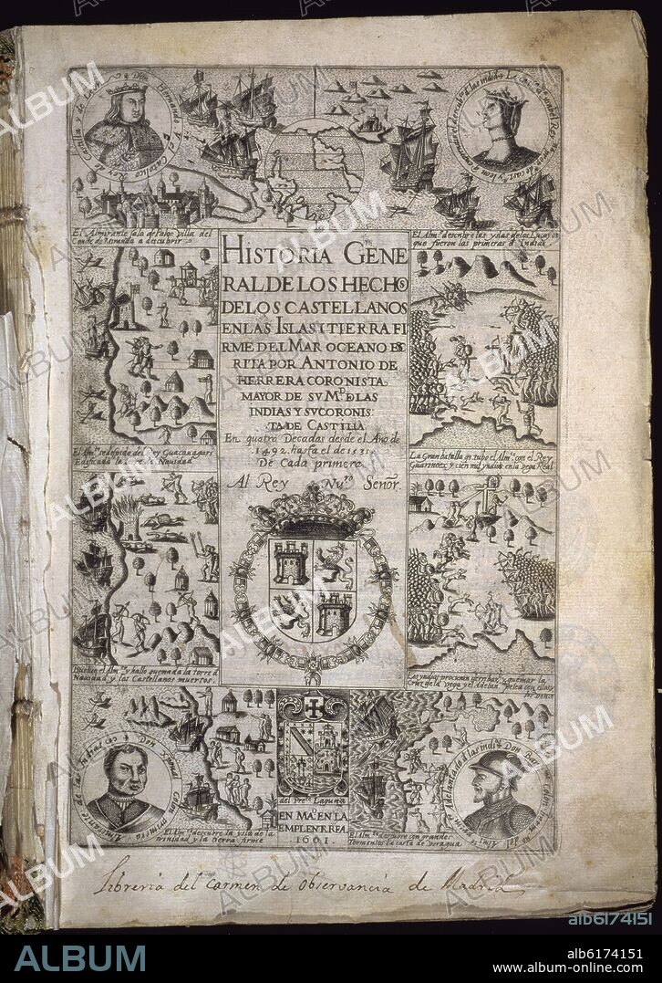 ANTONIO HERRERA Y TORDESILLAS. HISTORIA GENERAL DE LOS HECHOS CASTELLANOS EN ISLAS Y TIERRA FIRME DE LAS INDIAS - DECADA I - MADRID - 1601 - RETRATO DE COLON ABAJO A.
