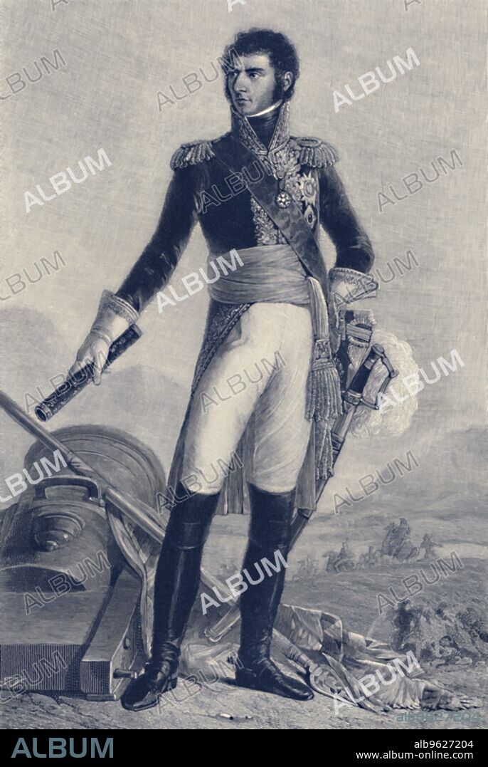 T JOHNSON. 'Marshal Jean-Baptiste-Jules Bernadotte, Prince of Ponte Corvo, Charles XIV of Sweden', 1804, (1896). Born Jean Bernadotte (1763-1844), he served a long career in the French Army and was appointed Marshal of France by Napoleon who also made him Prince of Pontecorvo on 5 June 1806. In 1818 he became King Charles XIV John of Sweden and Charles III John of Norway. Upon his Swedish adoption, he assumed the name Carl. Engraving after the painting by François Kinson. 'Kinson's original, painted 1804, commissioned by Napoleon for the Hall of the Marshals of the Tuileries Palace in Paris, was destroyed by fire during the Paris Commune 1871'. From Life of Napoleon Bonaparte, Volume IV, by William Milligan Sloane. [The Century Co., New York, 1896].