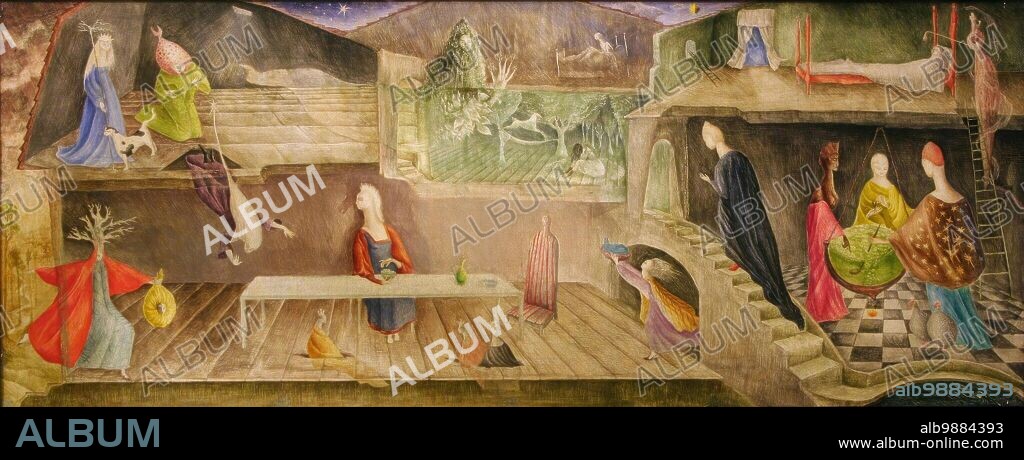 Leonora Carrington/ The House Opposite, 1945,  tempera on board, 33 × 82 cm.