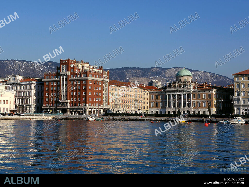 The Borgo Teresiano in Trieste, by Carl Junker, 1731 post, 18th Century,. Italy, Friuli Venezia Giulia, Trieste, Borgo Teresiano. View city Trieste gulf sea shores coast Borgo Teresiano buildings palaces Palazzo Rosso Palazzo Carciotti.