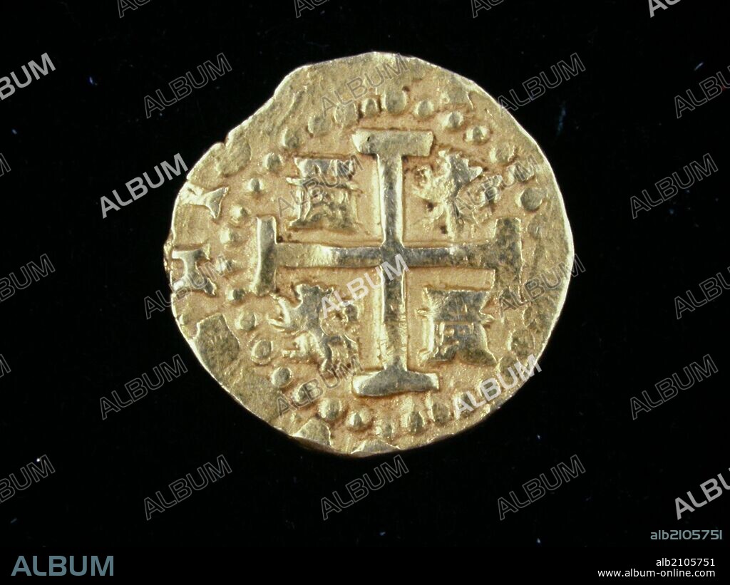 NUMISMATICA. MONEDA MODERNA. DOS ESCUDOS DE ORO, DE FELIPE V. ANVERSO. CRUZ DE JERUSALEN ACUARTELADA DE CASTILLOS Y LEONES. (DEPOSITO: MUSEO ARQUEOLOGICO NACIONAL).