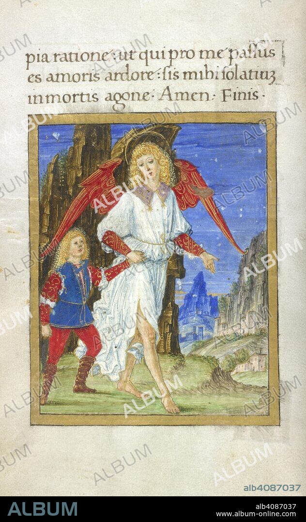 Francesco Sforza and angel. Hours of Francesco Sforza. Italy [Milan]; between 1491 and 1494. [Miniature] Suffrages of the Saints. Francesco Sforza with his guardian angel in a landscape. Produced for Francesco Maria, son of Duke Gian Galeazzo Sforza of Milan  Image taken from Hours of Francesco Sforza.  Originally published/produced in Italy [Milan]; between 1491 and 1494. . Source: Add. 63493, f.112v. Language: Latin.