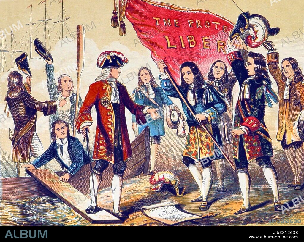 The Glorious Revolution, also called the Revolution of 1688, was the overthrow of King James II of England (James VII of Scotland and James II of Ireland) by a union of English Parliamentarians with the Dutch stadtholder William III of Orange-Nassau (William of Orange). The Glorious Revolution was not a war. No soldiers went into battle, and no shots were fired. William's successful invasion of England with a Dutch fleet and army led to his ascending of the English throne as William III of England jointly with his wife Mary II of England, in conjunction with the documentation of the Bill of Rights 1689. The Revolution permanently ended any chance of Catholicism becoming re-established in England. For British Catholics its effects were disastrous both socially and politically: Catholics were denied the right to vote and sit in the Westminster Parliament for over a century; they were also denied commissions in the army, and the monarch was forbidden to be Catholic or to marry a Catholic, this latter prohibition remaining in force until the UK's Succession to the Crown Act 2013 removes it once it comes into effect. Image taken from page 197 of of "A History of England for the Young" by Henry Tyrrell, 1872.