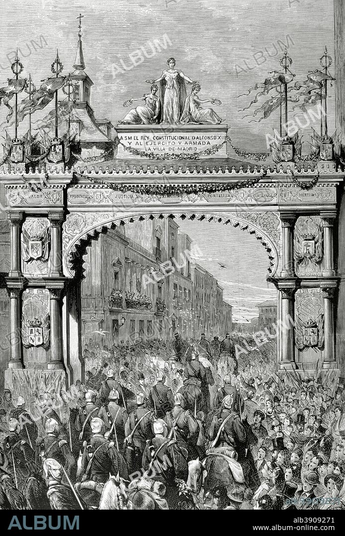 History of Spain. The Bourbon Restoration. Reign of Alfonso XII (1874-1885). Madrid. Triumphal arch erected at the expense of the City Council, next to The Villa Square (Plaza de la Villa), to greet the King Alfonso XII, on March 20, 1876, after the end of the Carlist wars. Engraving. La Ilustracion Espa–ola y Americana. April 30, 1876.