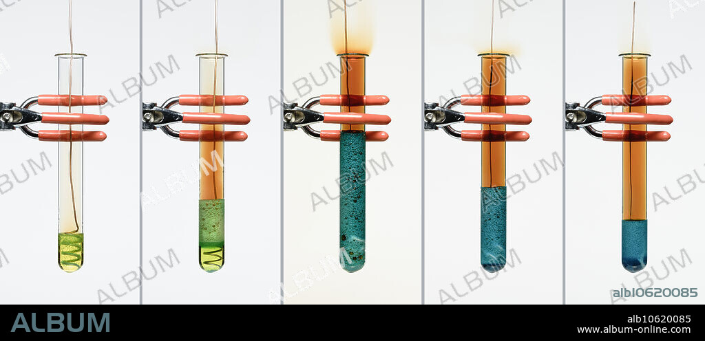 Copper reacts with nitric acid. Copper metal (Cu) coil is placed in a test tube with concentrated (17M) nitric acid (HNO3). Copper is oxidized to form copper nitrate (Cu(NO3)2) and brown nitrogen dioxide gas (NO2) bubbles: Cu + HNO3 -> Cu(NO3)2 + NO2 + H2O. The progression of the reaction is shown in this sequence.