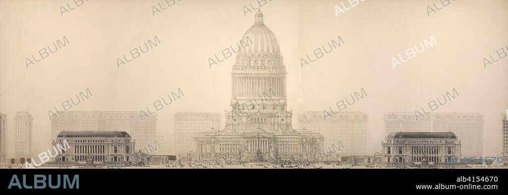 Plate 131 from The Plan of Chicago, 1909: Chicago. Elevation Showing the Group of Buildings Constituting the Proposed Civic Center. Daniel Hudson Burnham, American, 1846-1912; Edward Herbert Bennett, American, born England, 1874-1954; Fernand Janin, delineator, French, 1880-1912. Date: 1909. Dimensions: 102.9 x 305.3 cm (40 1/2 x 120 1/4 in.). Ink on paper. Origin: Chicago.