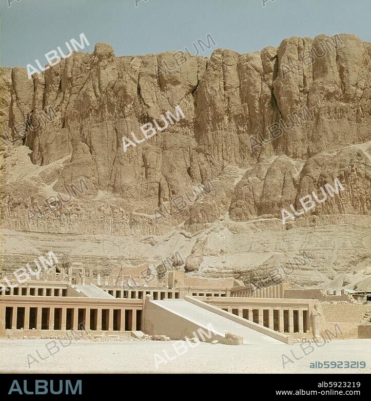 The funerary temple of Queen Hatshepsut at Deir-el-Bahari Western Thebes. Country of Origin: Egypt. Culture: Ancient Egyptian. Date / Period: New Kingdom, Dynasty XVIII. Place of Origin: Deir-el-Bahari.