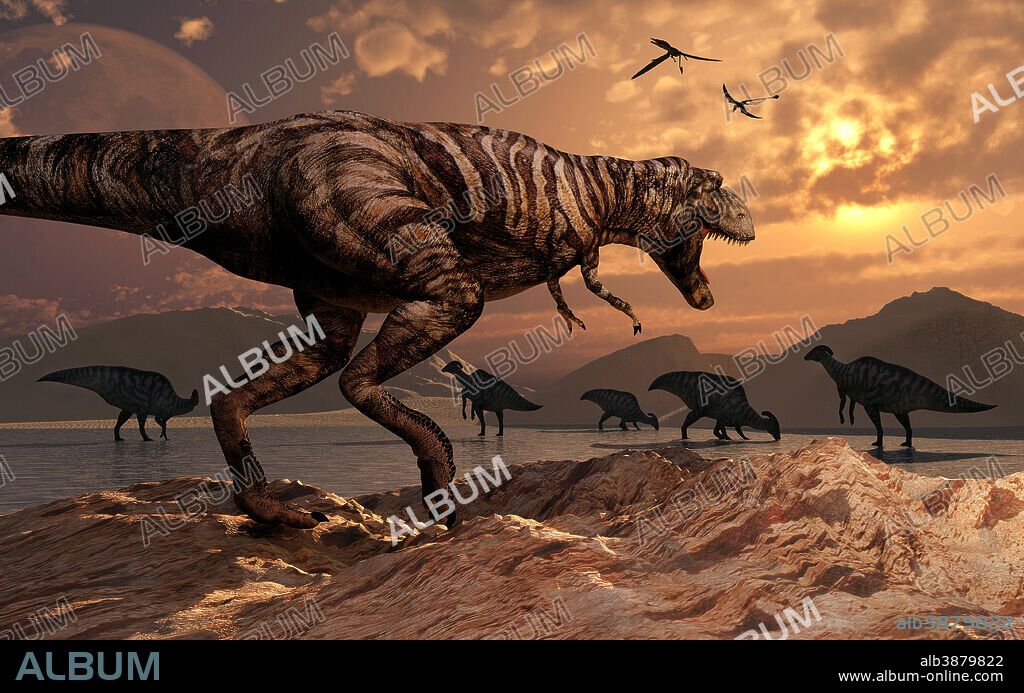 A Tyrannosaurus Rex comes across a herd of Parasaurolophus duck-billed dinosaurs grazing. The T-Rex carefully plans his attack by picking a target and making a move.