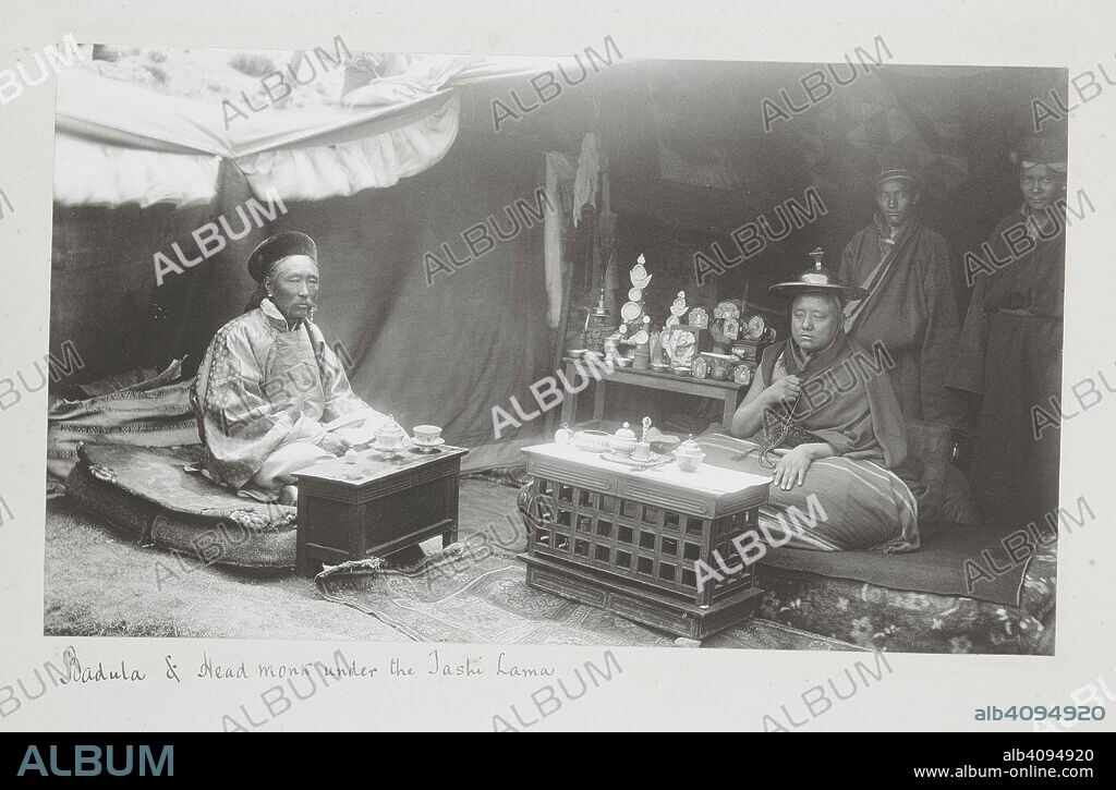 JOHN CLAUDE WHITE. Badula & Head monk under the Tashi Lama [Khamba Dzong].  The caption in Tibet and Lhasa reads: 'The Abbot was sent by the Tashi Lama to meet the Mission. He was a very placid tempered individual, and said he did not know why he had been sent on this work, as his work was purely devotional, and that he knew absolutely nothing of politics or the world. This photograph was taken in his own tent'.  . 'Tibet'. Curzon collection. c.Aug 1903. 89 prints 295x190mm to 200x1825 Platinum prints. Source: Photo 430/53.(10).