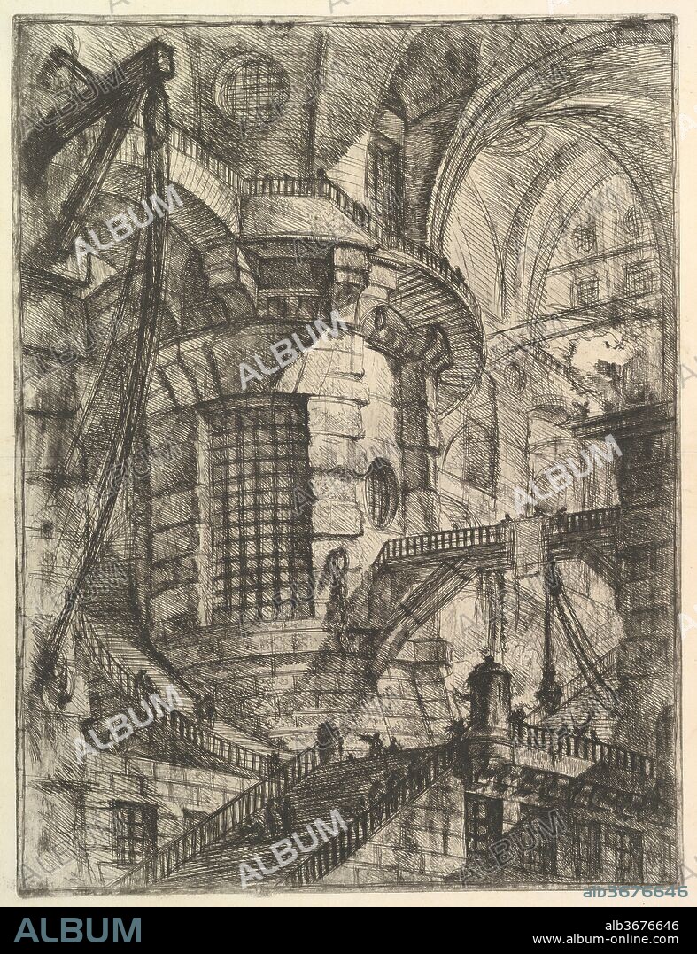 The Round Tower, from 'Carceri d'invenzione' (Imaginary Prisons). Artist: Giovanni Battista Piranesi (Italian, Mogliano Veneto 1720-1778 Rome). Dimensions: Sheet: 24 13/16 x 19 1/2 in. (63 x 49.5 cm)
Plate: 21 7/16 x 16 5/16 in. (54.5 x 41.5 cm). Publisher: Giovanni Bouchard (French, ca. 1716-1795). Date: ca. 1749-50.
A native of Venice, Piranesi went to Rome at age twenty and where he remained for the remainder of his life. Rome was the inspiration for and subject of most of his etchings that number over a thousand. Piranesi studied architecture, engineering and stage design, and his first plans for buildings reflect his training combined with the tremendous impact of classical Roman architecture. The fourteen plates depicting prisons - probably Piranesi's best-known series - were described on their title page as 'capricious inventions.' These structures, their immensity emphasized by the low viewpoint and the diminutive figures, derive from stage prisons rather than real ones. Actual prisons in the Italy were tiny dungeons. Spatial anomalies and ambiguities abound in all the images of the series; they were not meant to be logical but to express the vastness and strength that Piranesi experienced in contemplating Roman architecture.
About ten years later, Piranesi reworked these plates and added two new images to the series. The reworked plates are even darker and more complex, with added details and inscriptions. While it is hard to find meaning in the first state of the series, the second state includes explicit references to the justice system under the Roman Republic and to the cruelty for which certain emperors were known.