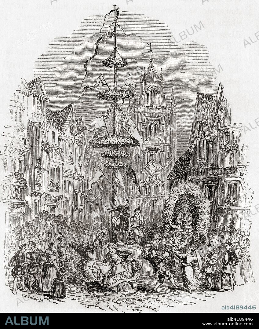 Maypole dancing in front of St Andrew Undershaft Church, London, England in the 19th century. From Old England: A Pictorial Museum, published 1847.