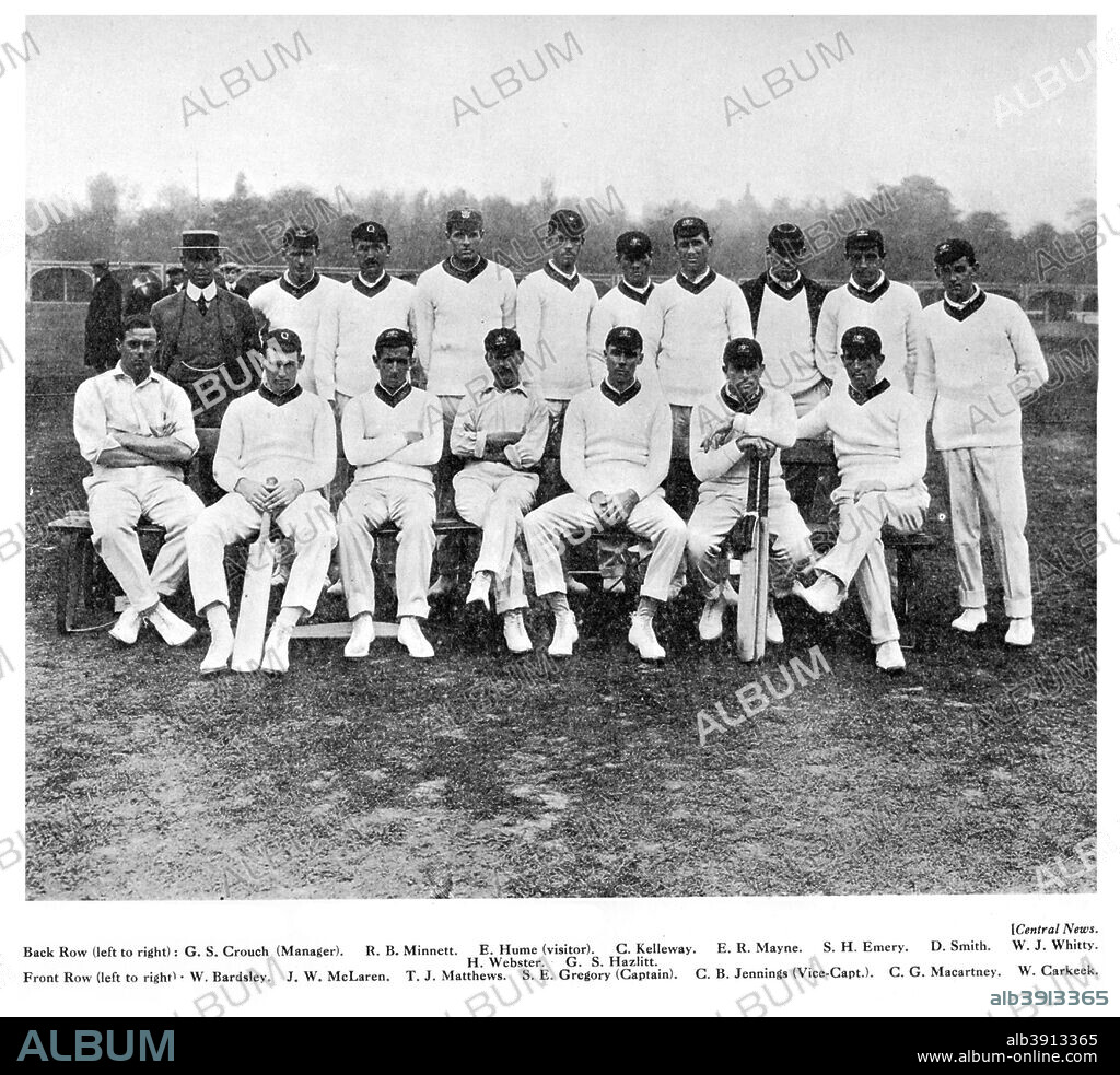 The Australian cricket team of 1912. From Imperial Cricket, edited by P F Warner and published by The London and Counties Press Association Ltd (London, 1912).