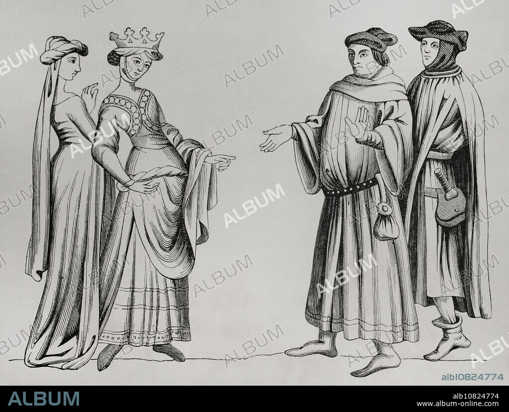 Noble lady and maid of honour accompanied by two bourgeois men wearing chaperon. 14th century. Engraving after a miniature in "Merveilles du Monde". "Moeurs, usages et costumes au moyen-âge et à l'époque de la Renaissance", by Paul Lacroix. Paris, 1878.
