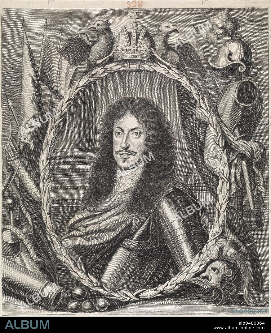 Portrait of Leopold I, Roman-German Emperor, dressed in armor, in a frame of laurel leaves The frame is surmounted by two eagles bearing the emperor's crown Around the frame armorial bearings At the bottom in the margin his name and function in Italian, Portrait of Emperor Leopold I, print maker: Franciscus van der Steen, (mentioned on object), intermediary draughtsman: Jacob Toorenvliet, (mentioned on object), publisher: Giovanni Battista Hacque, Vienna, 1670, paper, engraving, h 309 mm × w 208 mm.