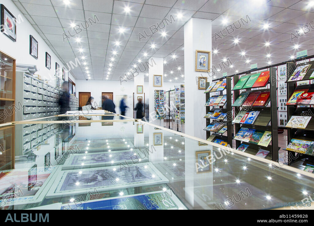 Interior of a Stamp shop, Pyongyang, Democratic People's Republic of Korea (DPRK), North Korea, Asia.