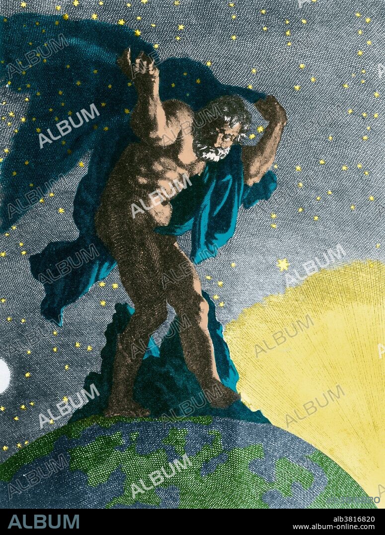 Color enhancement of "Atlas Supports the Heavens on His Shoulders" by Bernard Picart (1731). In classical Greek mythology, Atlas was the primordial Titan who held up the celestial sphere. He is also the titan of astronomy and navigation. Atlas and his brother Menoetius sided with the Titans in their war against the Olympians, the Titanomachy. When the Titans were defeated, many of them were confined to Tartarus, but Zeus condemned Atlas to stand at the western edge of Gaia (the Earth) and hold up Uranus on his shoulders, to prevent the two from resuming their primordial embrace. A common misconception today is that Atlas was forced to hold the Earth on his shoulders, but Classical art shows Atlas holding the celestial spheres, not a globe.