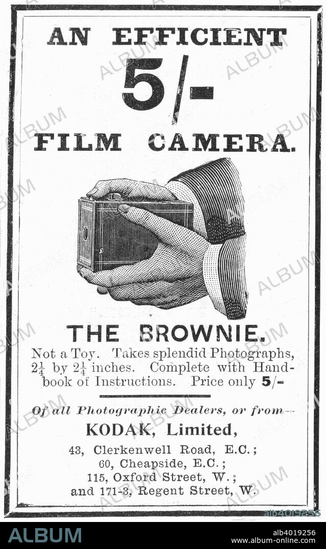 Advertisement for Kodak 'Brownie' box cameras, 1900. From 1888 the Kodak box camera took Eastman's coated paper roll film. From The Illustrated London News. (London, 4 August 1900).