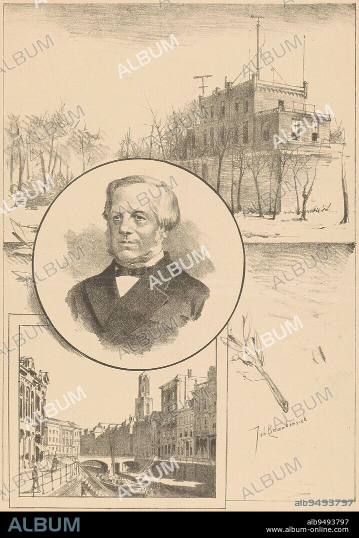 Portrait of Christophorus Buys Ballot in a circle. Above a meteorological institute. Below the Oudegracht in Utrecht with a view of the city hall and Dom tower, C.H.D. Buys Ballot , print maker: Johan Braakensiek, (mentioned on object), 20-Nov-1887, paper, h 439 mm × w 282 mm.