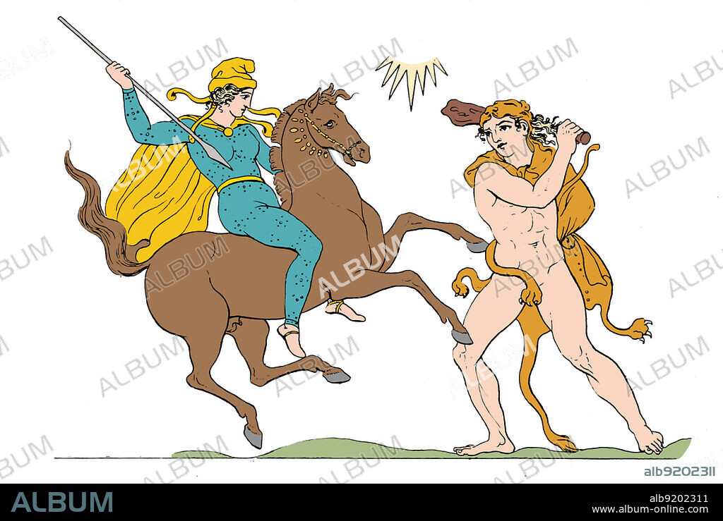 Hercules (Heracles) stealing Hippolyta's belt, his ninth labor. Hippolyta was Queen of the Amazons. From: Outlines from the figures and compositions upon the Greek, Roman, and Etruscan vases of the late Sir William Hamilton, 1804. Colorized.