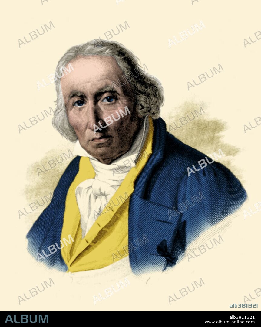 Illustration depicting Joseph-Marie Charles Jacquard (July 7, 1752 - August 7, 1834), a French weaver and merchant. He played an important role in the development of the earliest programmable loom (the Jacquard loom), which in turn played an important role in the development of other programmable machines, such as computers. The Jacquard Loom is a mechanical loom that has holes punched in pasteboard, each row of which corresponds to one row of the design. Multiple rows of holes are punched on each card and the many cards that compose the design of the textile are strung together in order. This image has been color enhanced.
